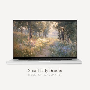 May include: A silver laptop displays a digital desktop wallpaper featuring a sunlit path through a field of wildflowers and trees. The text "Small Lily Studio DESKTOP WALLPAPER" is below the laptop.