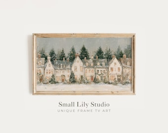 FRAME TV Art Winter Houses, Samsung Frame TV Art Festive Christmas Village, Vintage Style Seasonal Painting | TV1444