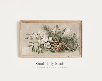 FRAME TV Art Festive Winter Botanicals, Samsung Frame TV Art Pine Cones and Mistletoe, Vintage Style Seasonal Painting | TV1446
