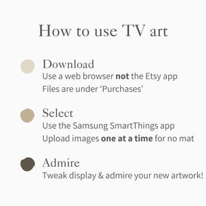 K&ouml;nnte beinhalten: Eine Grafik mit Anweisungen zur Verwendung von TV-Kunst. Der Text enth&auml;lt Schritte zum Herunterladen, Ausw&auml;hlen und Bewundern des Kunstwerks. Die Anweisungen raten zur Verwendung eines Webbrowsers, der Samsung SmartThings-App und zum Hochladen von Bildern einzeln.