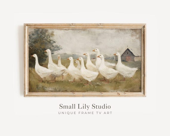 FRAME TV Art White Geese, Neutral Samsung Frame TV art Farmyard Animal, Vintage style country farmhouse goose painting | TV895