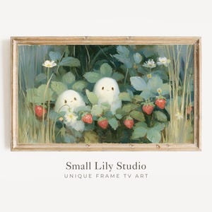 FRAME TV Art Summerween Ghosts in Strawberry Patch, Cute Summer Samsung Frame TV Art, Halloween Garden Painting | TV1311