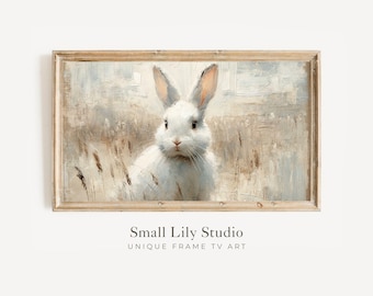 FRAME TV art White Rabbit, Bunny tv art neutral, Rustic farmhouse Samsung Frame tv art vintage painting style, Easter TV art | TV249