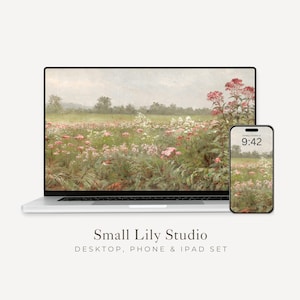 Pink Wildflowers Desktop Wallpaper Set, Floral Phone Wallpaper, Spring iPhone Wallpaper, Aesthetic iPad Background Vintage Painting | WS007