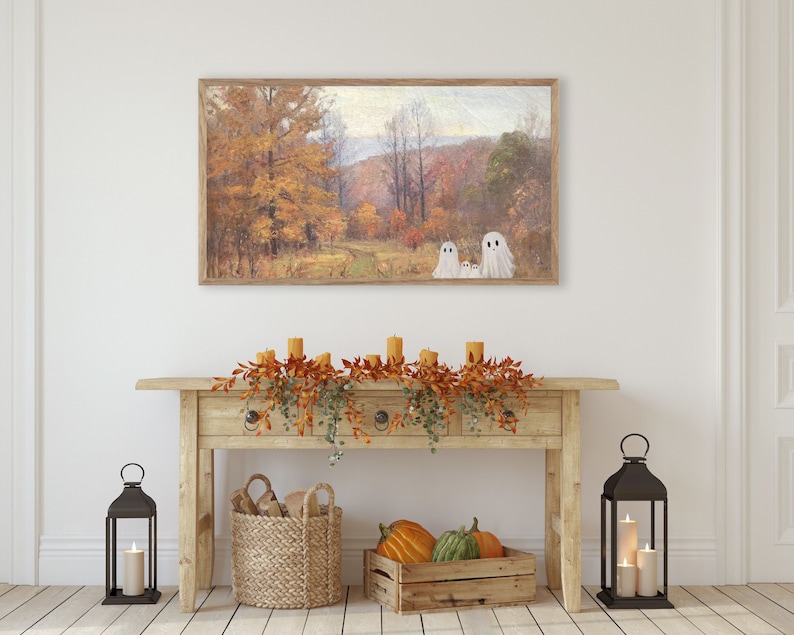 Samsung FRAME TV Famiglia fantasma di 4 persone in un paesaggio vintage, grafica autunnale per TV Frame, grafica spettrale per Halloween, download di grafica autunnale per TV / TV117 immagine 3