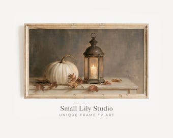 FRAME TV Art White Pumpkin and Lantern, Samsung Frame TV Art Fall Candle, Vintage Style Autumn Painting | TV1360