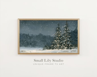 FRAME TV Art Alpine Christmas Trees at Night, Festive Samsung Frame TV Winter Art, Dark Blue and White Vintage Style Painting | TV1452