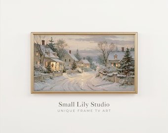 FRAME TV Art Festive Winter Street, Samsung Frame TV Art Christmas, Neutral Vintage Style Seasonal Painting | TV1442