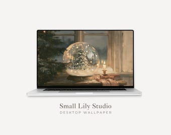 Snow Globe Desktop Wallpaper, Christmas Macbook Wallpaper, Cozy Winter Laptop Background, Moody Vintage Style Painting | WD300