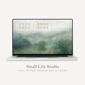 Può includere: Un computer portatile argentato che mostra uno sfondo digitale per l'organizzazione del desktop con un paesaggio verde nebbioso. Lo schermo presenta tre pannelli bianchi semitrasparenti etichettati Apps, Folders e January, con un calendario.