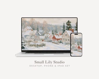 Winter Village Desktop Wallpaper Set, Christmas Phone Wallpaper, Seasonal iPhone Wallpaper, Aesthetic iPad Background Vintage Style | WS303