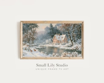 FRAME TV Art Winter Cottage and Deer, Christmas Samsung Frame TV Art, Whimsical Vintage Style Painting | TV1483