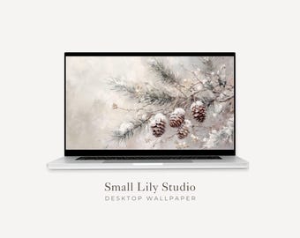 Pine Cones Desktop Wallpaper, Christmas Macbook Wallpaper, Winter Laptop Background, Vintage Style Painting | WD082