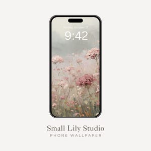 May include: A smartphone displays a floral wallpaper with pink and mauve flowers in a field. The time is 9:42 AM on Sunday, October 17. The phone is black with rounded corners. The text "Small Lily Studio PHONE WALLPAPER" is at the bottom.