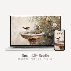 Bird at Birdbath Desktop Wallpaper Set, Vintage Style Nature Phone Wallpaper, Bird iPhone Wallpaper, Cute iPad Background Bird Lover | WS028
