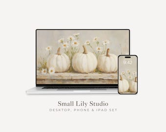 Pumpkins and Daisies Desktop Wallpaper Set, Fall Phone Wallpaper, Autumn iPhone Wallpaper, Neutral iPad Background Vintage Style | WS126