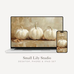 Fondo de pantalla de calabazas blancas para escritorio, fondo de pantalla de otoño para teléfono, fondo de pantalla de otoño para iPhone, fondo de Acción de Gracias para iPad estilo vintage / WS035