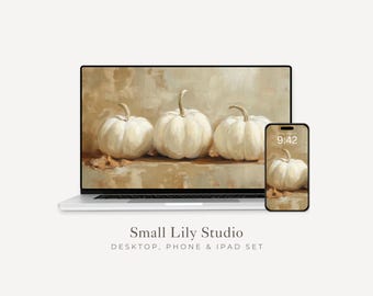 White Pumpkins Desktop Wallpaper Set, Fall Phone Wallpaper, Autumn iPhone Wallpaper, Thanksgiving iPad Background Vintage Style | WS035