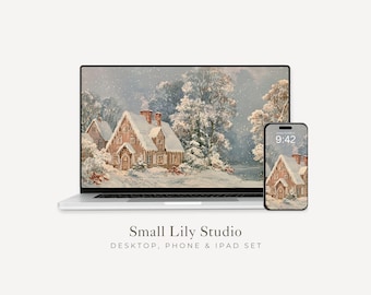 Winter Landscape Desktop Wallpaper Set, Christmas Phone Wallpaper, Blue iPhone Wallpaper, Aesthetic iPad Background Vintage Style | WS302