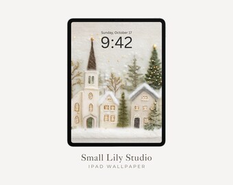 Christmas Village iPad Wallpaper, Felt Style iPad Background, Cute Winter Holiday Tablet Wallpaper | WT121