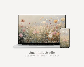 Pink Floral Desktop Wallpaper Set, Wildflowers Phone Wallpaper, Flowers iPhone Wallpaper, Aesthetic iPad Background Vintage Style | WS001