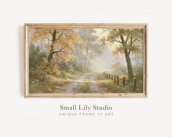 FRAME TV Art Path Through Fall Trees, Samsung Frame TV Art Autumn Landscape, Vintage Style Country Road Painting | TV1374
