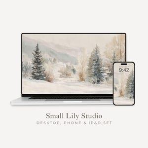 Watercolor Winter Landscape Desktop Wallpaper Set, Christmas Phone Wallpaper, Winter iPhone Wallpaper, iPad Background Vintage Style | WS131