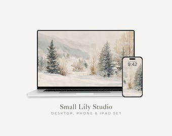 Watercolor Winter Landscape Desktop Wallpaper Set, Christmas Phone Wallpaper, Winter iPhone Wallpaper, iPad Background Vintage Style | WS131