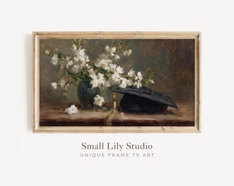 FRAME TV Art Graduation Cap and Flowers, Samsung Frame TV Art Graduate Celebration, Neutral Vintage Style Dark Academia Painting | TV1239