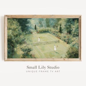FRAME TV Art Tennis Players, Samsung Frame tv art Summer Sports, Vintage style oil painting outdoor tennis court in green landscape | TV773