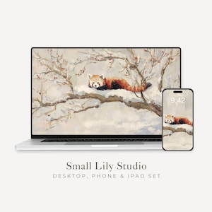 Bureaubladachtergronden rode panda, winter telefoonbehang, iPhone-behang schattige dieren, esthetische iPad-achtergrond vintage stijl | WS168