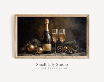 Arte para TV FRAME com Champanhe de Ano Novo, Celebração de Réveillon. Arte para TV Samsung Frame, bebidas em estilo vintage, pintura em dourado e preto, temática sazonal | TV581