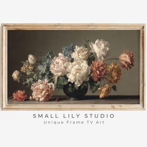 FRAME TV art Peonies Still Life Painting, Samsung Frame tv art vintage style flower picture, Dark moody floral art brown warm tone | TV787