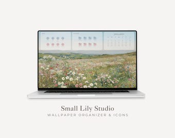 2026-2027 Colorful Flowers Desktop Wallpaper Organizer, Macbook Wallpaper Calendar & Icons, Aesthetic Laptop Background Mac PC | WO014