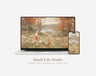 Fall Floral Landscape Desktop Wallpaper Set, Wildflowers Phone Wallpaper, Autumn iPhone Wallpaper, iPad Background Vintage Style | WS034