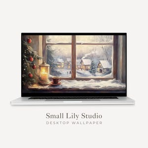 Cozy Window Desktop Wallpaper, Christmas Macbook Wallpaper, Winter Laptop Background, Vintage Style Painting | WD083