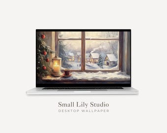 Cozy Window Desktop Wallpaper, Christmas Macbook Wallpaper, Winter Laptop Background, Vintage Style Painting | WD083
