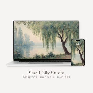 Weeping Willow Desktop Wallpaper Set, Green Landscape Phone Wallpaper, Relaxing iPhone Wallpaper, iPad Background Vintage Style | WS031
