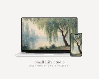 Weeping Willow Desktop Wallpaper Set, Green Landscape Phone Wallpaper, Relaxing iPhone Wallpaper, iPad Background Vintage Style | WS031