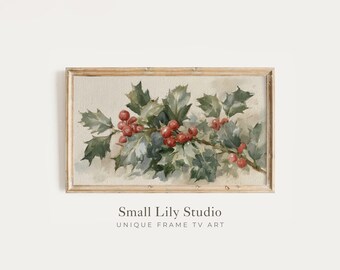 FRAME TV Art Festive Holly Branch, Samsung Frame TV Art Christmas Botanicals, Vintage Watercolor Style Painting | TV1448