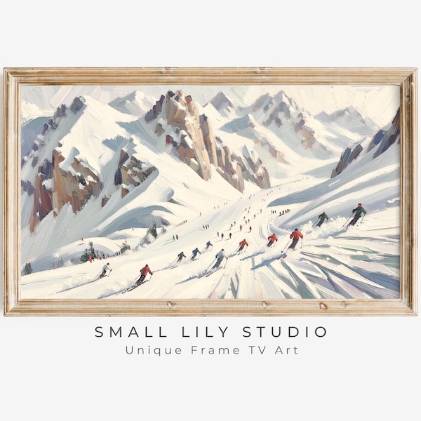 FRAME TV art Ski Holiday in Snow, Fun Winter Frame tv art skiers, Samsung Frame tv art skiing in snowy mountains vintage style art | TV195