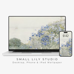 Sfondo desktop con fiori costieri blu, sfondo per telefono con acquerello, sfondo per iPhone con fiori di campo, sfondo estetico per iPad vintage / WS012