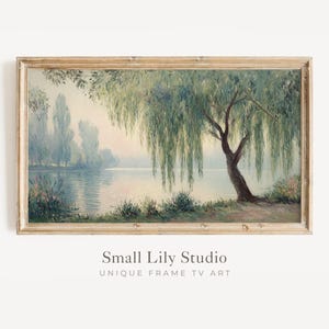 Arte para TV con marco Sauce llorón, Arte para TV con marco Samsung Árbol y lago en la niebla, Paisaje verde melancólico, pintura de estilo vintage relajante / TV767