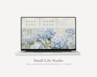 2026-2027 Blue Floral Desktop Wallpaper Organizer, Laptop Background and Folder Icons Set, Digital Monthly Calendar Windows Mac | WO005