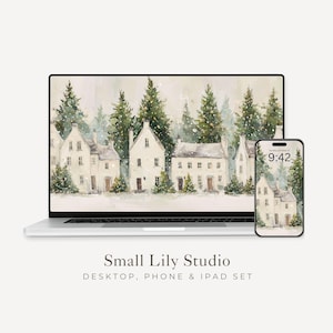 Christmas Houses Desktop Wallpaper Set, Holiday Phone Wallpaper, Winter iPhone Wallpaper, iPad Background Cute Picture | WS144