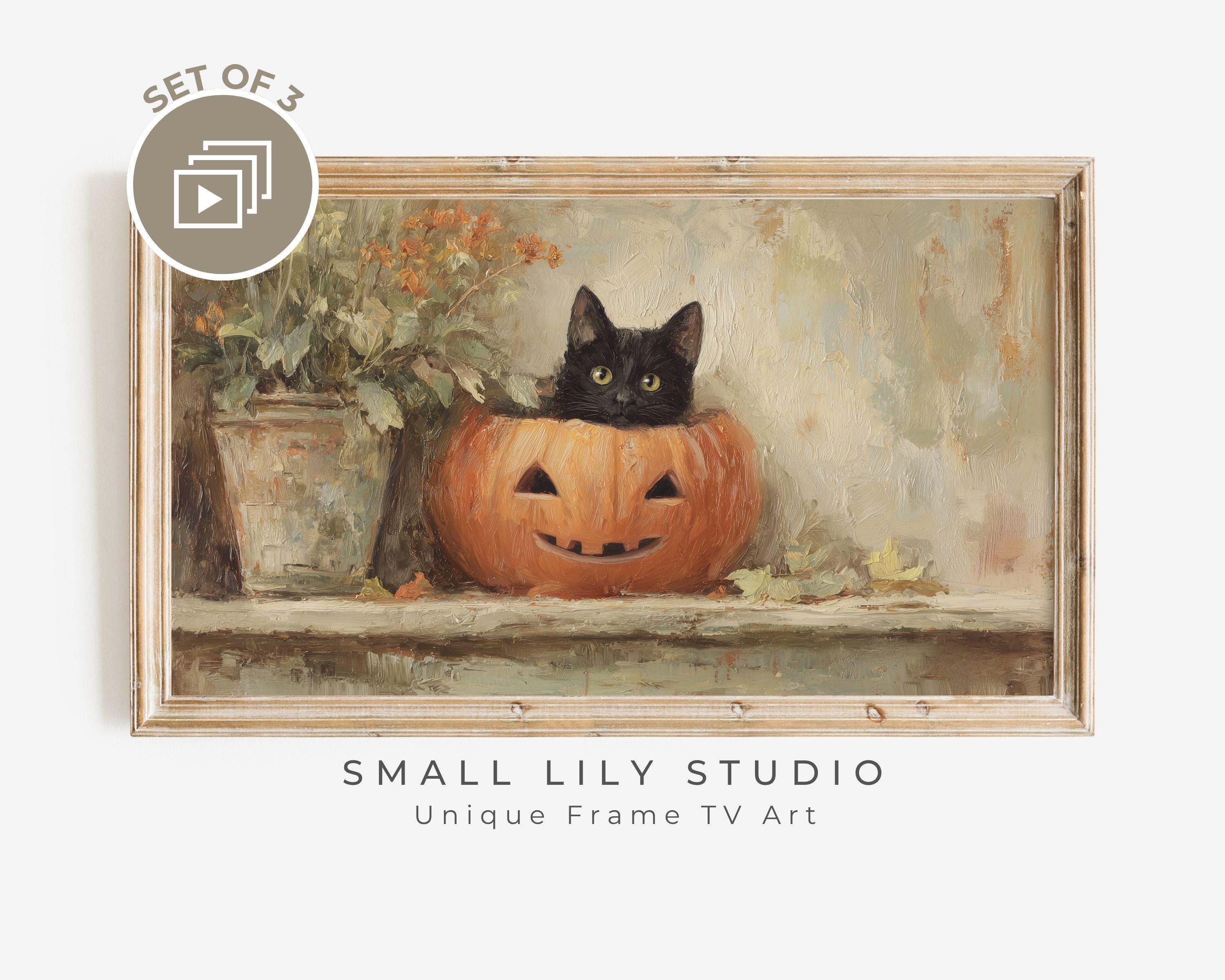 ハロウィンの黒猫ジャック・オー・ランタンフレームTVアート3点セット