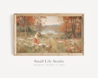 FRAME TV art Woman Picking Flowers, Fall Floral Landscape Samsung Frame TV art, Vintage Style Painting, Autumnal tv screensaver | TV837