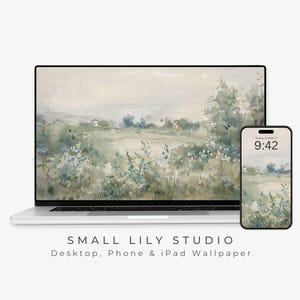 Blaue Wildblumen Desktop Wallpaper, Grüne Landschaft Tapete, Aquarell iPhone Wallpaper, iPad Hintergrund Vintage Stil | WS005