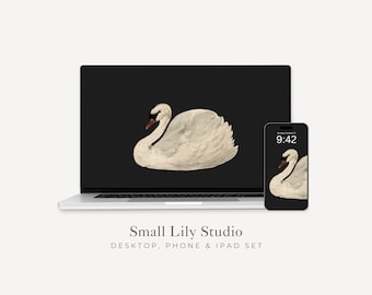 White Swan Desktop Wallpaper Set, Bird Lover Phone Wallpaper, Moody Black iPhone Wallpaper, Minimalist iPad Background Vintage Style | WS010