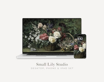 Moody Floral Desktop Wallpaper Set, Dark Green Phone Wallpaper, Dark Flowers iPhone Wallpaper, iPad Background Vintage Style | WS081